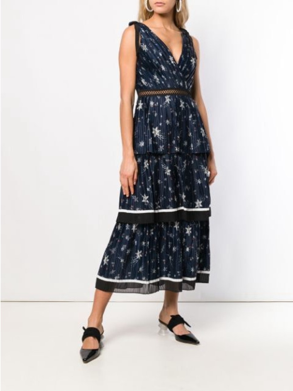 Self-Portrait Navy Star-Print Tiered V-Neck Maxi Dress
